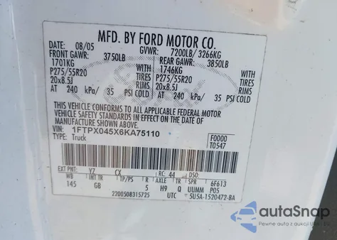 2006 Ford F-150 Fx4/Xlt from USA, damaged, VIN 1FTPX045X6KA75110